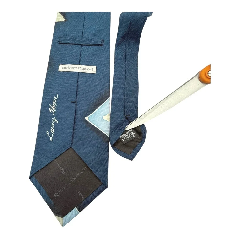 VTG Robert Daskai Silk Hand Painted Artist Signed Tie Geometric Zig‎ Zag Blues